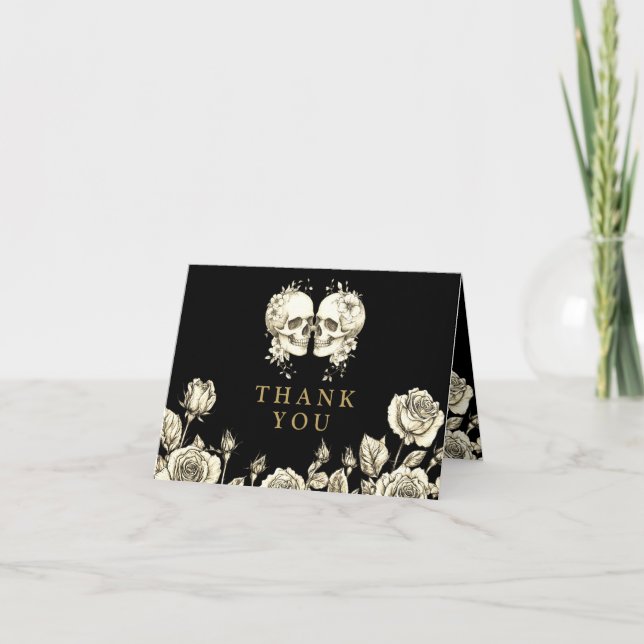Carte De Remerciements Black And Gold Gothic Floral Skulls Wedding (Devant)