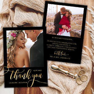 Carte De Remerciements Black and Gold Huge Gold Script 2 Mariage photo