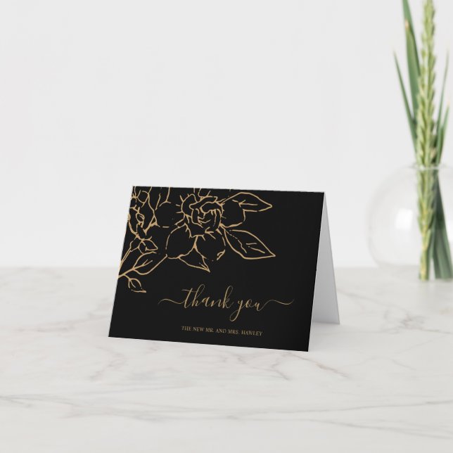 Carte De Remerciements Black and Gold LIne Art Floral Mariage élégant (Devant)