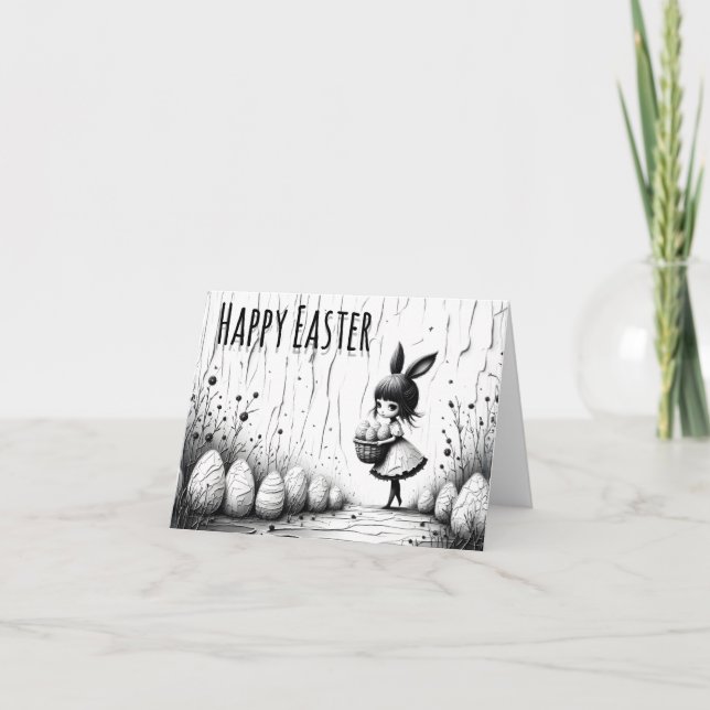 Carte De Remerciements Black and White Easter Girl with Bunny Ears (Devant)
