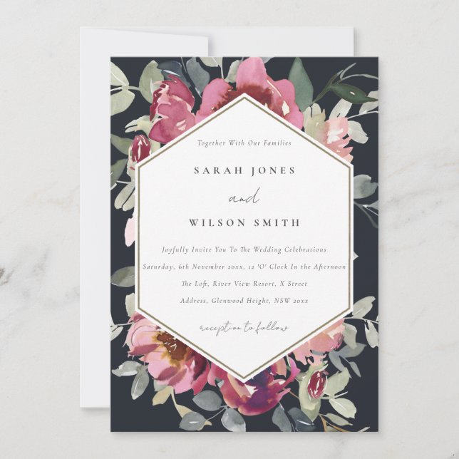 CARTE DE REMERCIEMENTS BLACK BLUSH BURGUNDY ROSE FLORAL INVITE (Devant)