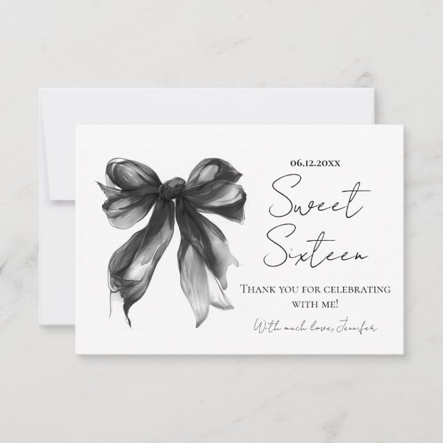 Carte De Remerciements Black Bow Coquette Script Sweet 16 Remerciement  (Devant)