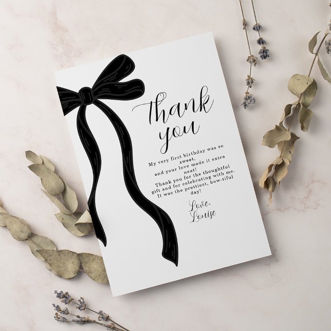 Carte De Remerciements Black Bow First Birthday Coquette Thank You Card (Créateur téléchargé)