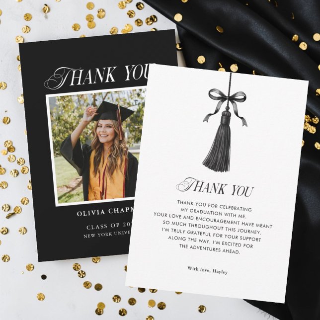 Carte De Remerciements Black Bow Tassel Modern Graduation Party Photo (Créateur téléchargé)