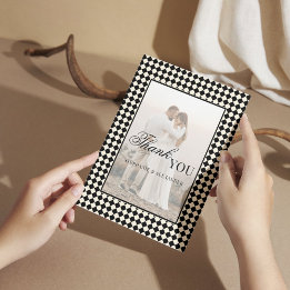 Carte De Remerciements Black Checkered Old Money Photo Wedding Folded