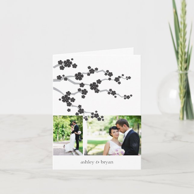 Carte De Remerciements Black Cherry Blossoms 2 Photos Chic Mariage asiati (Devant)