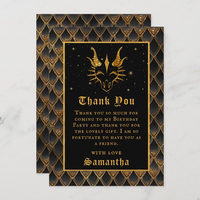 Carte De Remerciements Black Dragon Scales Gold Faux Parties scintillant  (Devant / Derrière)