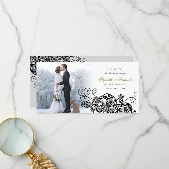 Carte De Remerciements Black Floral Paisley Boho Élégant mariage photo (Devant/Arrière en situation)