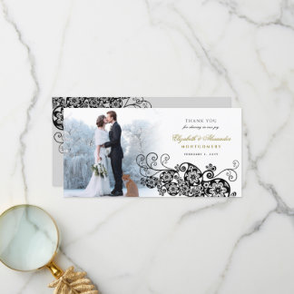 Carte De Remerciements Black Floral Paisley Boho Élégant mariage photo