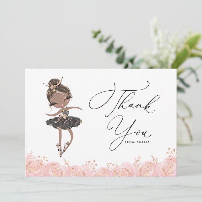 Carte De Remerciements Black Girl Ballerina en robe noire Anniversaire (Debout devant)