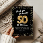 Carte De Remerciements Black Gold 50e Anniversaire adulte<br><div class="desc">Elégante fête du cinquantième anniversaire merci cartes mettant en vedette un arrière - plan noir élégant qui peut être changé à n'importe quelle couleur,  parties scintillant brillante or,  cinquante ballons d'hélium or,  et un modèle de remerciement moderne qui est facile à personnaliser.</div>