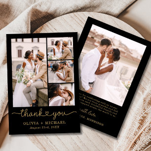 Carte De Remerciements Black Gold Four Photo Collage Mariage de script
