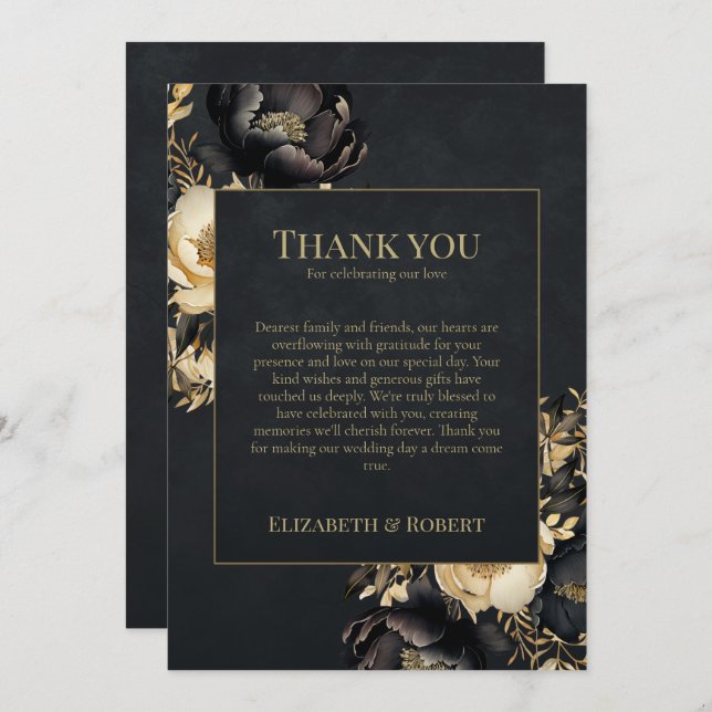 Carte De Remerciements Black & Gold Peony Wedding Thank You Card (Devant / Derrière)