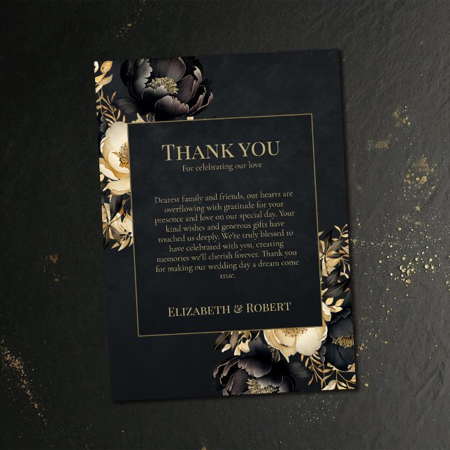 Carte De Remerciements Black & Gold Peony Wedding Thank You Card (Black & Gold Peony Wedding Thank You Card on a dark vintage wedding table.)