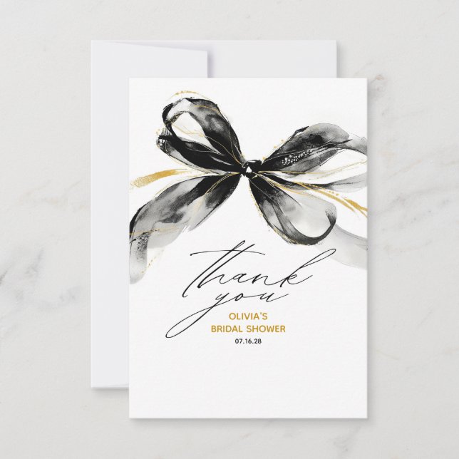 Carte De Remerciements Black Gold Ribbon Bow Whimsical Bridal Shower (Devant)