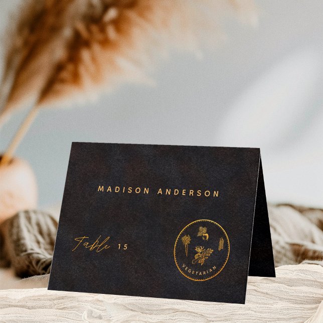 Carte De Remerciements Black Gold Vegetarian Repas Choice Guest Name Card (Créateur téléchargé)