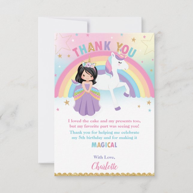 Carte De Remerciements Black Hair Princess et Rainbow Unicorn Anniversair (Devant)