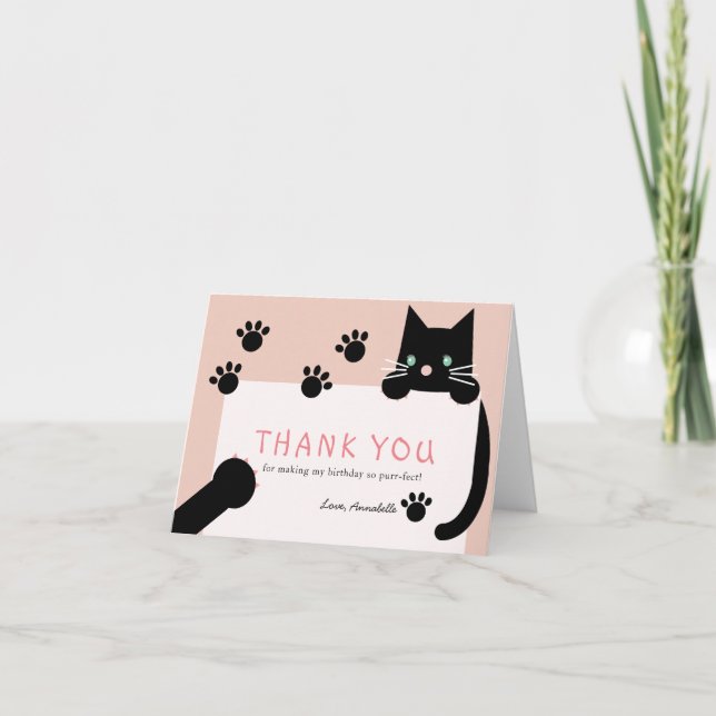 Carte De Remerciements Black Kitty Chat Girl rose Anniversaire (Devant)