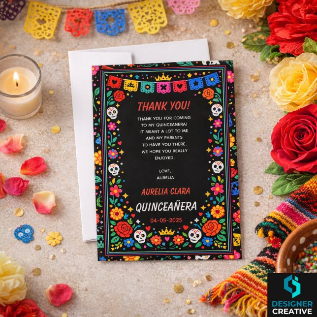 Carte De Remerciements Black Mexican Fiesta Floral Gold Tiara Quinceañera (Black Mexican Fiesta Floral Gold Tiara Quinceañera Thank You Card)