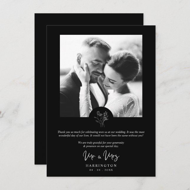 Carte De Remerciements Black Photo Typography MR & MRS Wedding Bouquet  (Devant / Derrière)