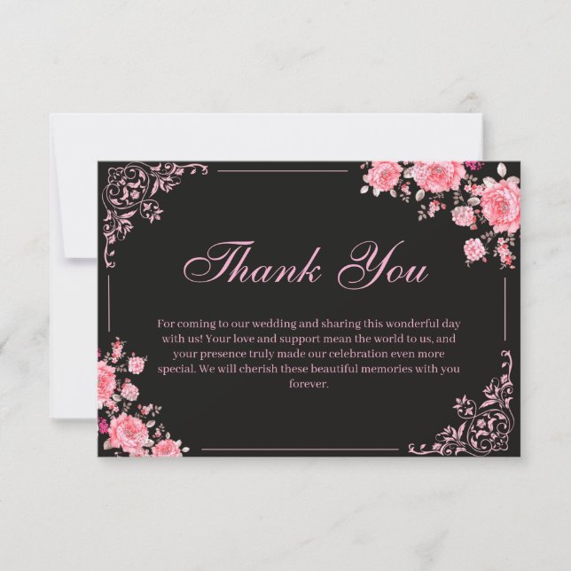 Carte De Remerciements Black & Pink Floral Wedding Thank You Card (Devant)