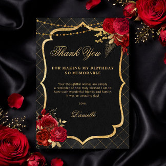 Carte De Remerciements Black, Red and Gold Flat Birthday Thank You Card