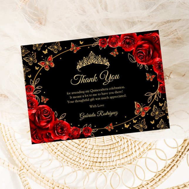 Carte De Remerciements Black Red Gold Quinceanera (Créateur téléchargé)