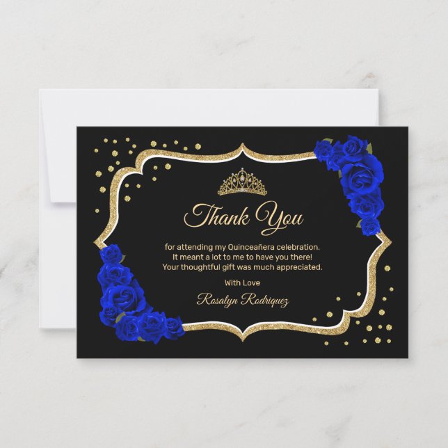 Carte De Remerciements Black Royal Blue Gold Quinceanera (Devant)