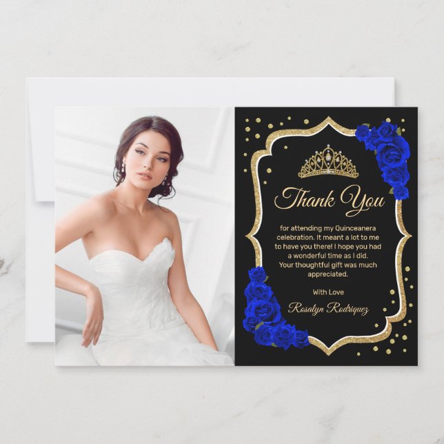 Carte De Remerciements Black Royal Blue Gold Quinceanera Photo (Devant)