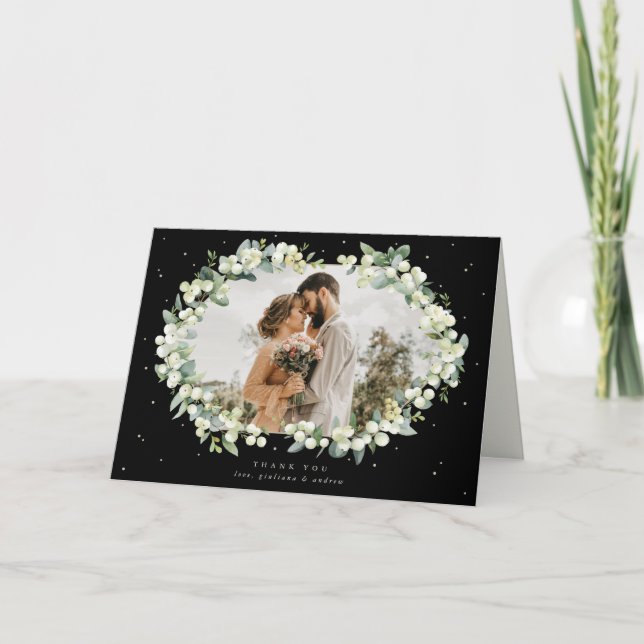 Carte De Remerciements Black Snowberry+Eucalyptus Photo Mariage (Devant)