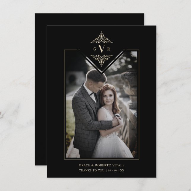 Carte De Remerciements Black Sophisticate Flourish Chic Golden Initials (Devant / Derrière)