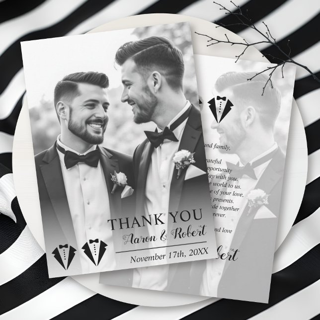 Carte De Remerciements Black tuxedo two grooms gay wedding photo (Créateur téléchargé)