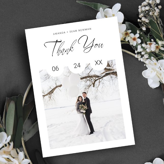 Carte De Remerciements Black Whimsical Script Typography Photo Wedding (Black Whimsical Script Typography Custom Photo Wedding Thank You Card. )