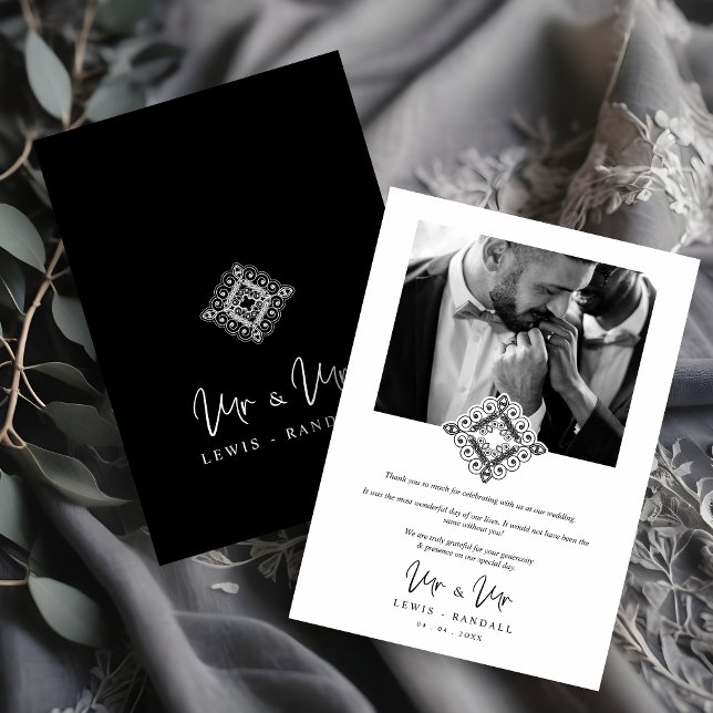 Carte De Remerciements Black & White Mr & Mr Ornamental Flourish Photo (Black & White Mr & Mr Ornamental Flourish Photo Gay LGBT Wedding Thank You Card with Envelope.)