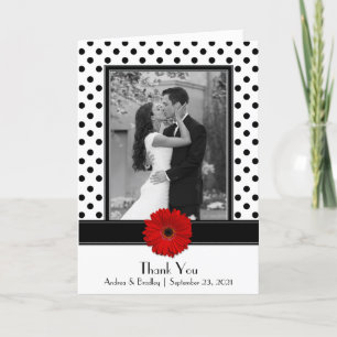 Carte De Remerciements Black White Polka Dot Red Daisy Wedding Thank You