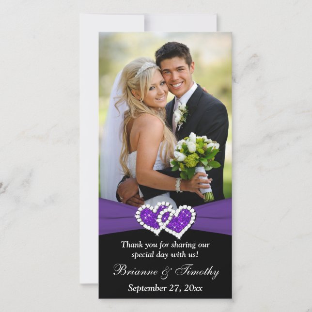 Carte De Remerciements Black White Purple Joint Coeurs Mariage Photocard (Devant)