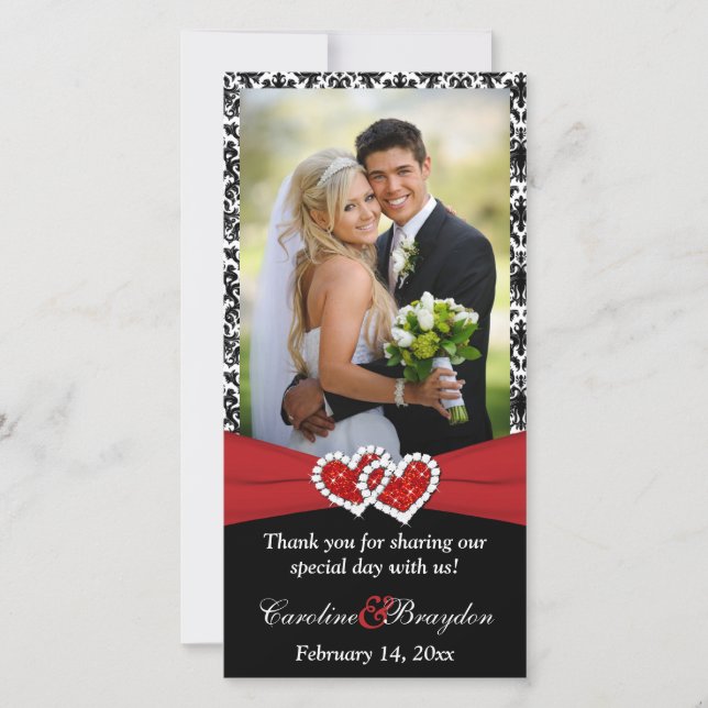 Carte De Remerciements Black White Red Coeurs rejoints Mariage Photocard (Devant)