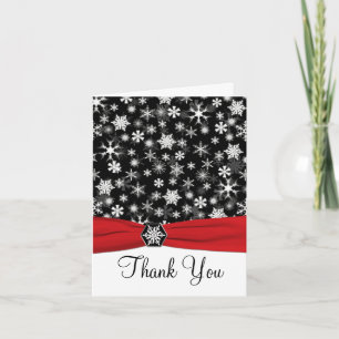 Carte De Remerciements Black, White, Red Snowflakes Thank You