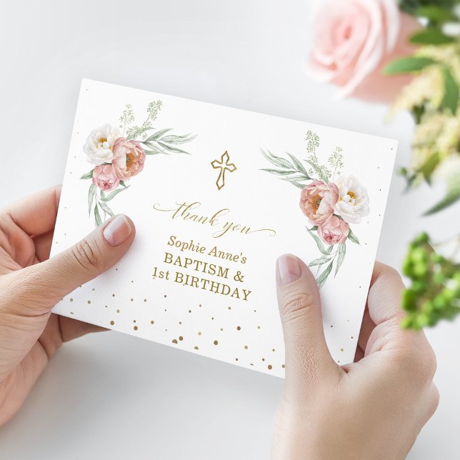 Carte De Remerciements Blanc Dusty Rose Floral 1er Anniversaire Baptême (Créateur téléchargé)