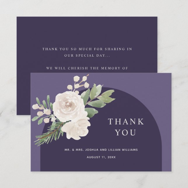 Carte De Remerciements Blanc Floral hiver Botanique violet Mariage (Devant / Derrière)