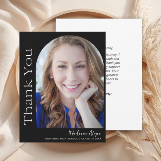 Carte De Remerciements Blanc Noir Personnalisé Photo moderne Arch Graduat (Modern black photo arch graduation thank you card)