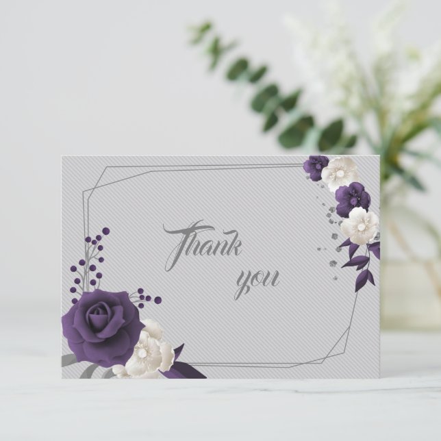 Carte De Remerciements blanc pourpre poussiéreux fleurs géométriques (Debout devant)