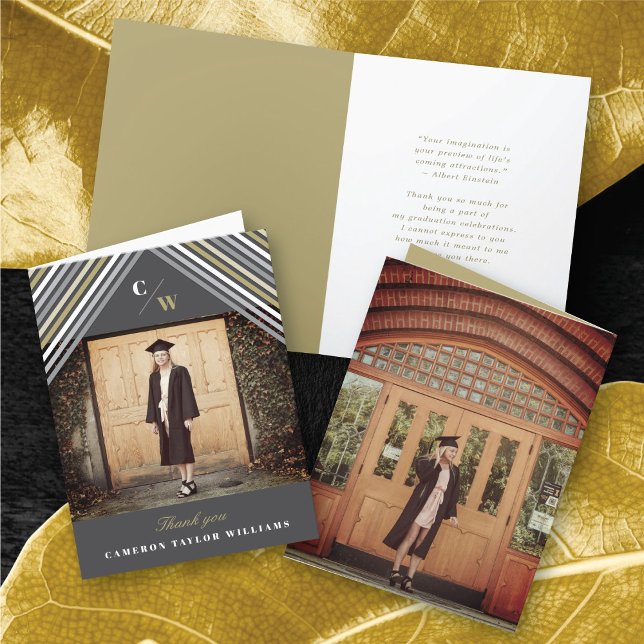 Carte De Remerciements Blancs diagonaux Photo Graduation Moderne (White Gold Grey Diagonal Stripes Photo Modern Graduation Thank You Card @ zazzle.com/color_therapy)