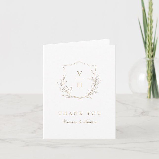 Carte De Remerciements Blason botanique simple en or monogramme mariage (Devant)