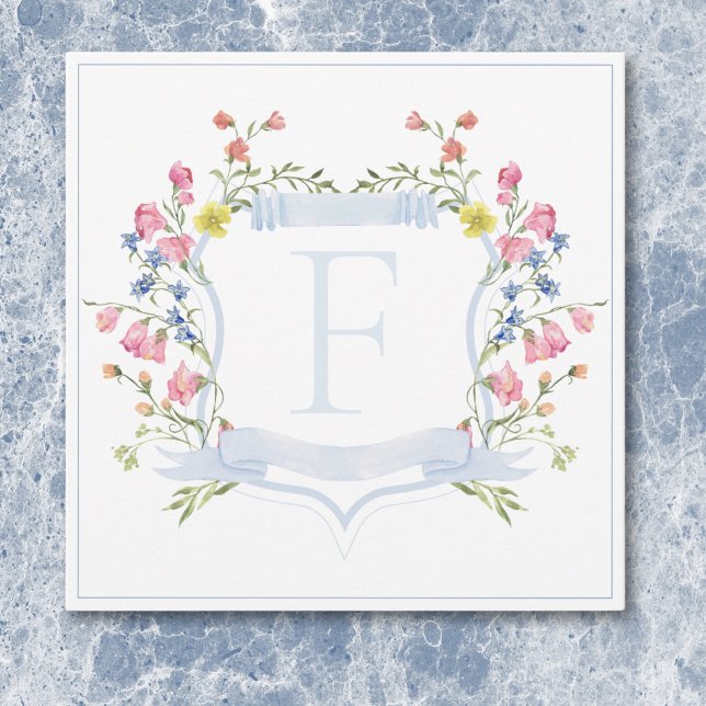 Carte De Remerciements Blason de mariage élégant aux fleurs sauvages past (Elegant Dusty Blue Pastel Wildflower Crest Wedding Thank You Card)