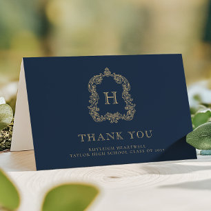 Carte De Remerciements Blason de monogramme élégant bleu marine or gradua