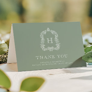 Carte De Remerciements Blason de monogramme élégant Vert sauge Blanc Remi