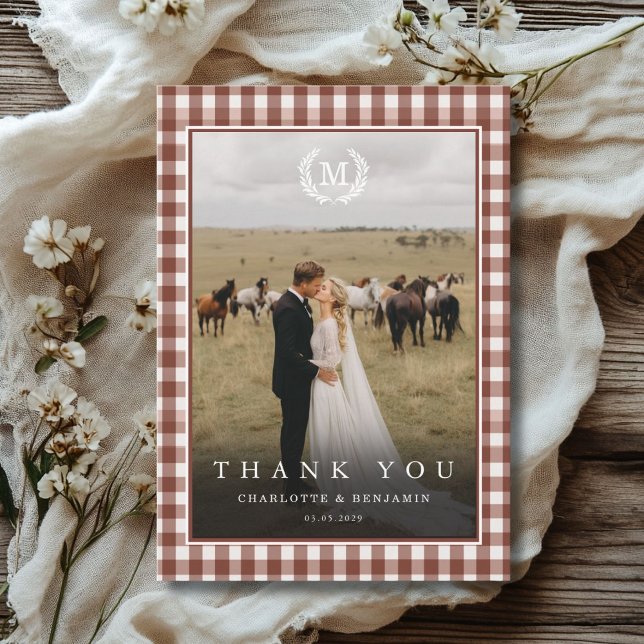Carte De Remerciements Blason Monogramme Gingham Marron 2 Photo (Brown Gingham Monogram Crest 2 Photo Thank You Card)