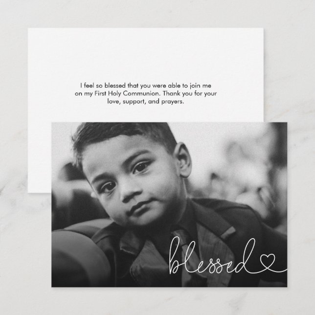 Carte De Remerciements Blessed Heart Script Minimal Photo First communion (Devant / Derrière)
