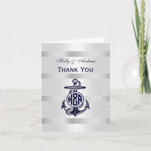 Carte De Remerciements Bleu Ancre Argent Blanc Marine Monogramme 33
